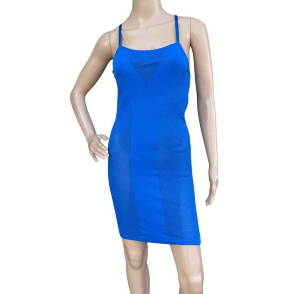Yitty Womens Size L Blue Mesh Mini Dress Bodycon Sheer Crisscross Back